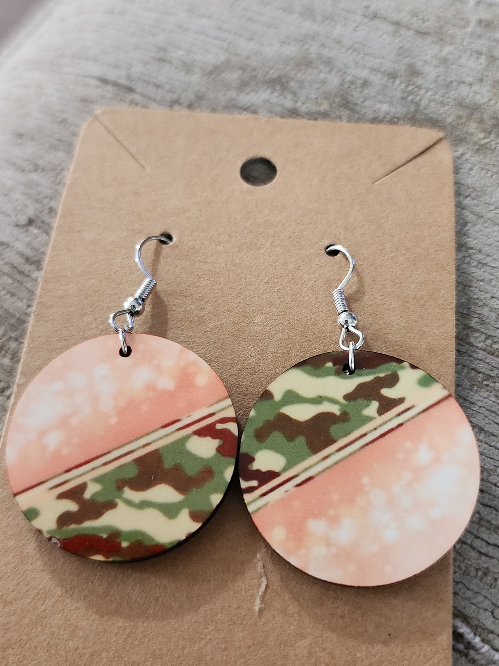 Round Camouflage & Peach Drop Earrings